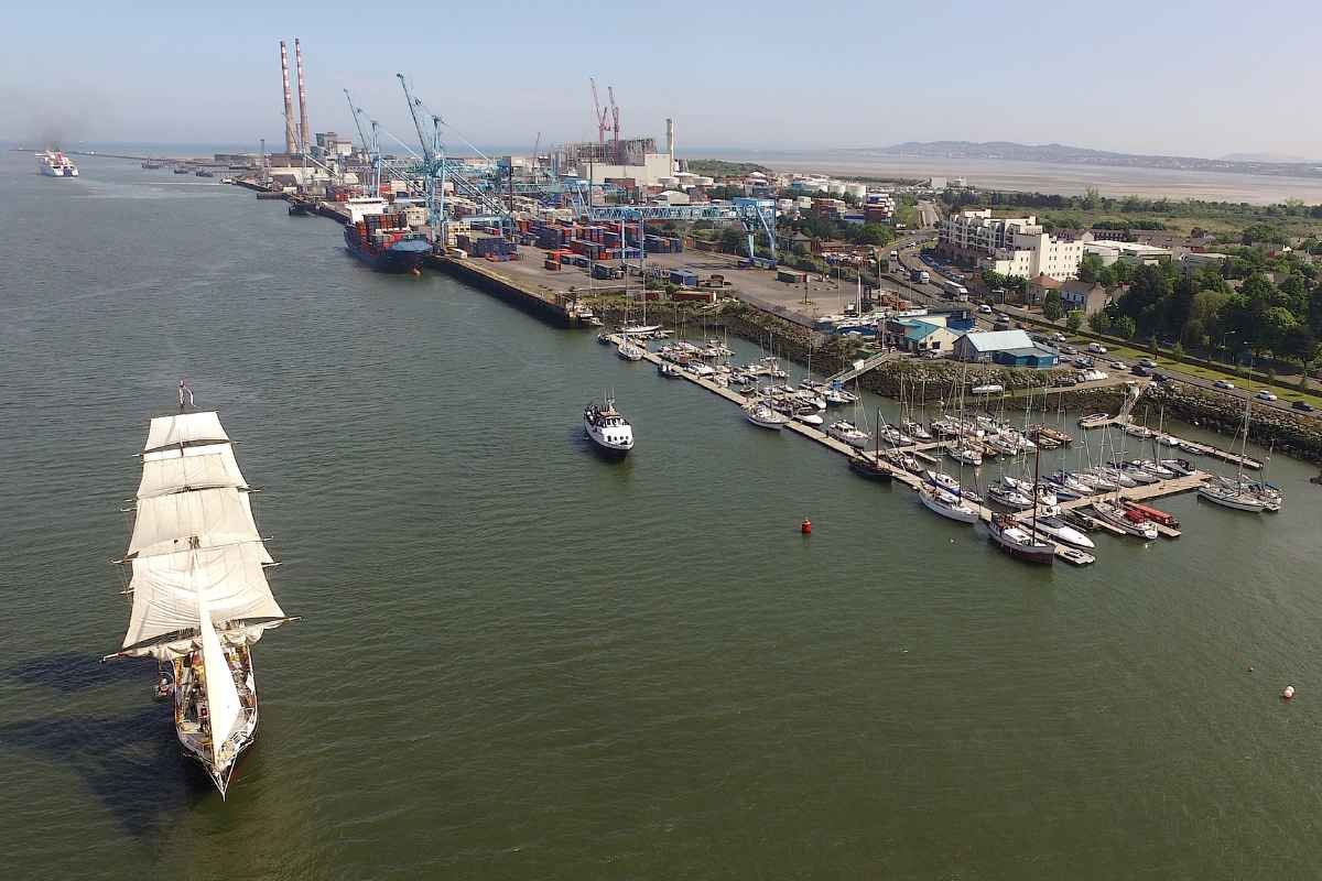 Aerial view across Dublin Port docks, cargo cranes and boats