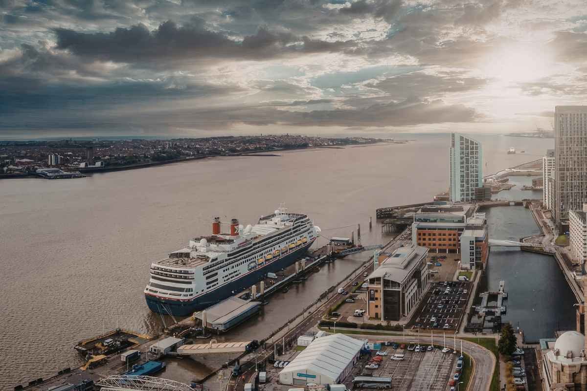 Cruise ship at Liverpool waterfront beside the River Mersey